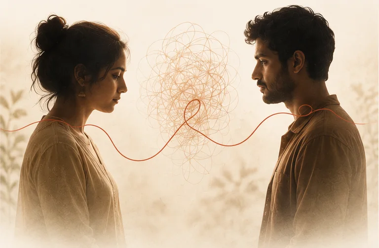 Indian man and woman facing each other across a tangle representing relationship complexity